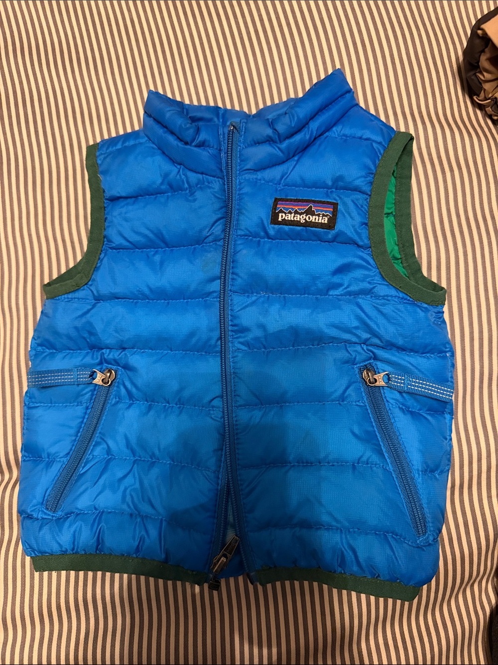 Patagonia Bright Blue Kids Puffer Vest with Green Trim